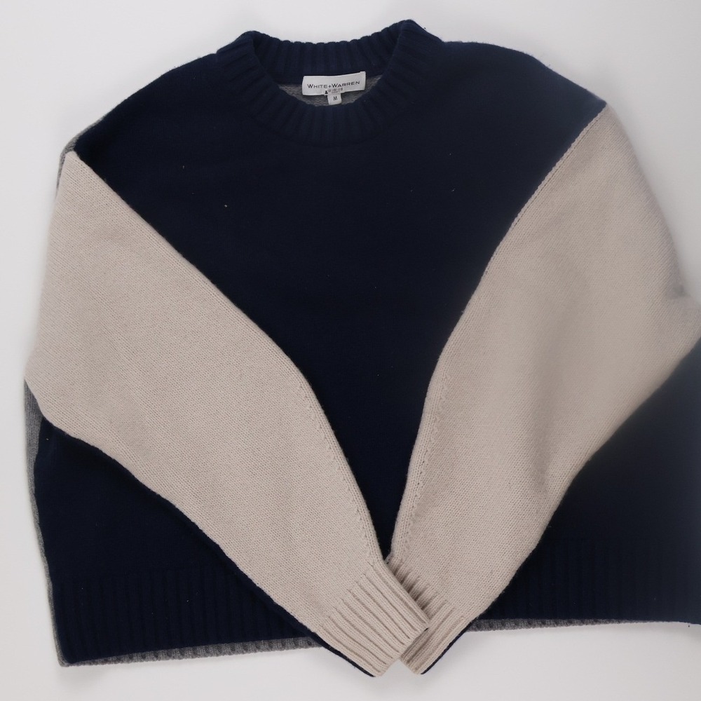 White + Warren Sweater Colorblock Size M Navy Grey Wool Cashmere Casual